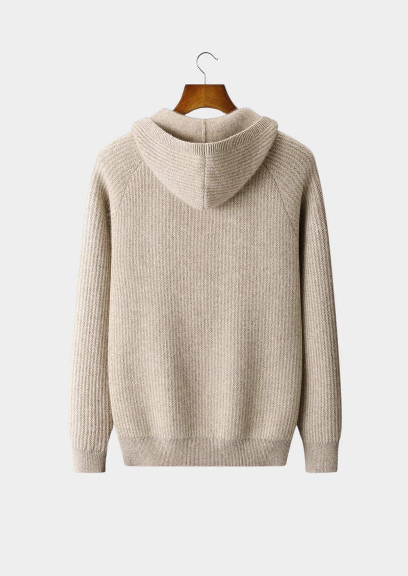 PURE EXTRA-FINE MERINO WOOL RIBBED ZIPPER HOODIE