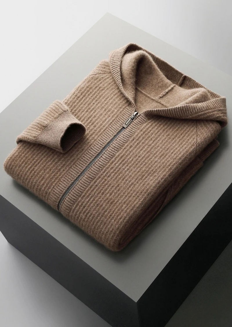 PURE EXTRA-FINE MERINO WOOL RIBBED ZIPPER HOODIE