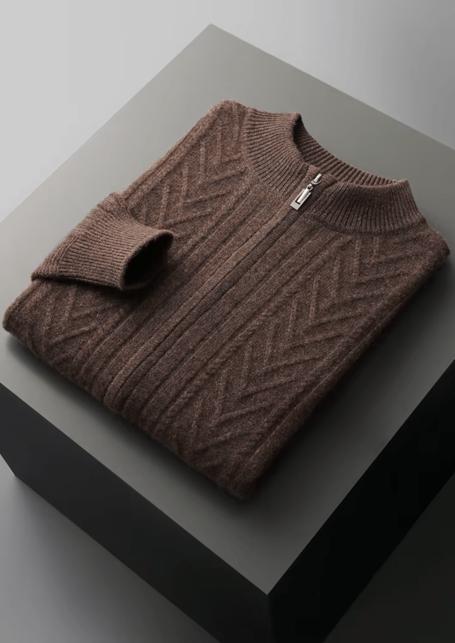 Reine Extrafeine Merinowolle Gemusterter Zip-Cardigan