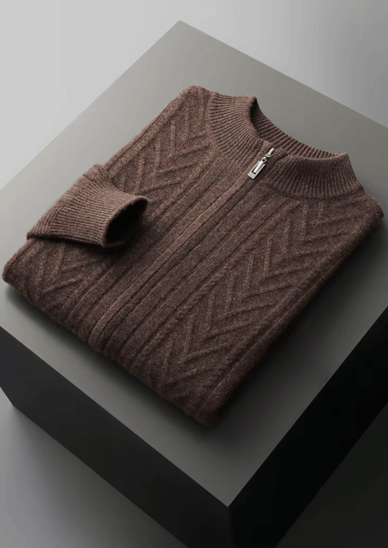 Reine Extrafeine Merinowolle Gemusterter Zip-Cardigan