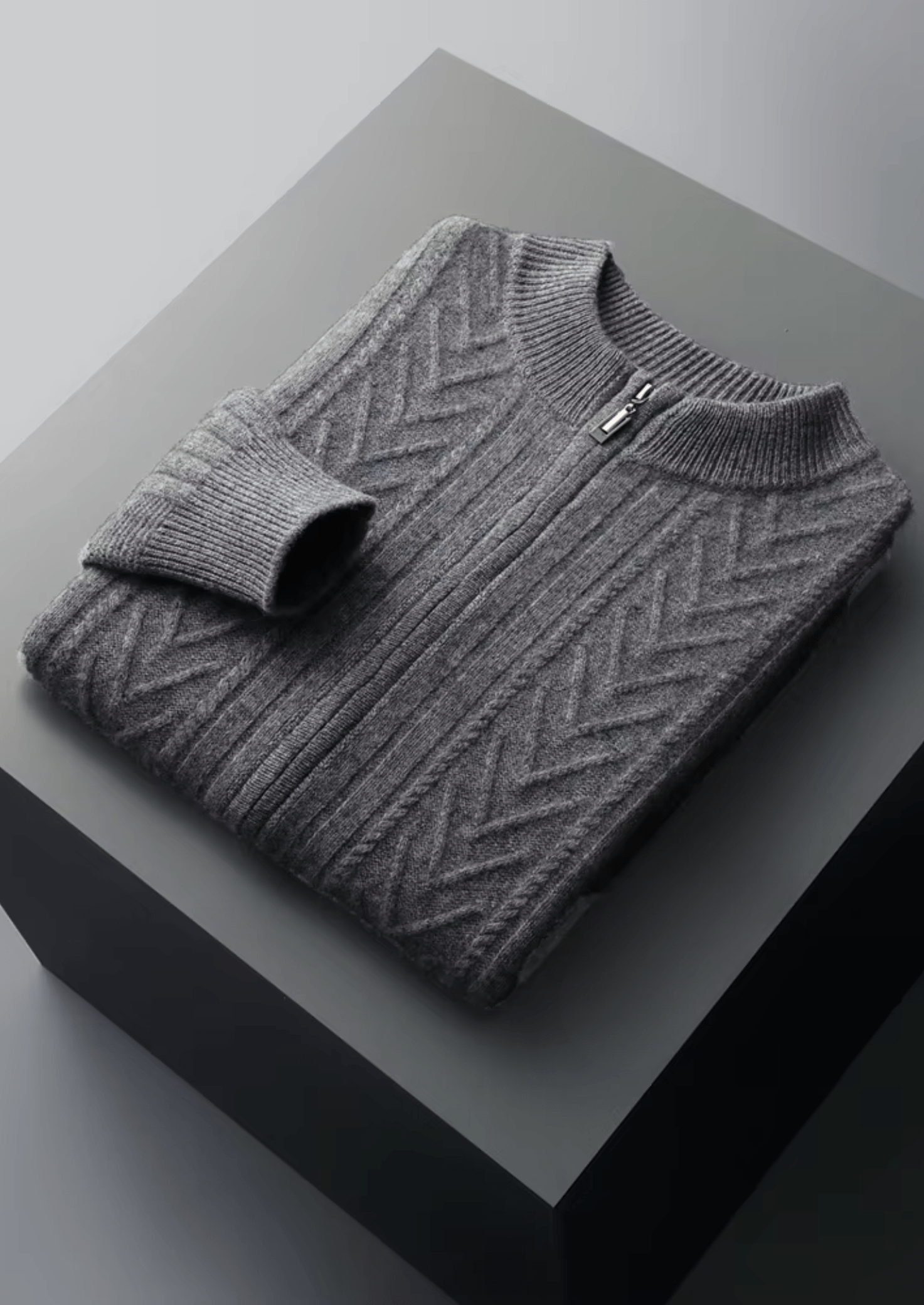 Reine Extrafeine Merinowolle Gemusterter Zip-Cardigan