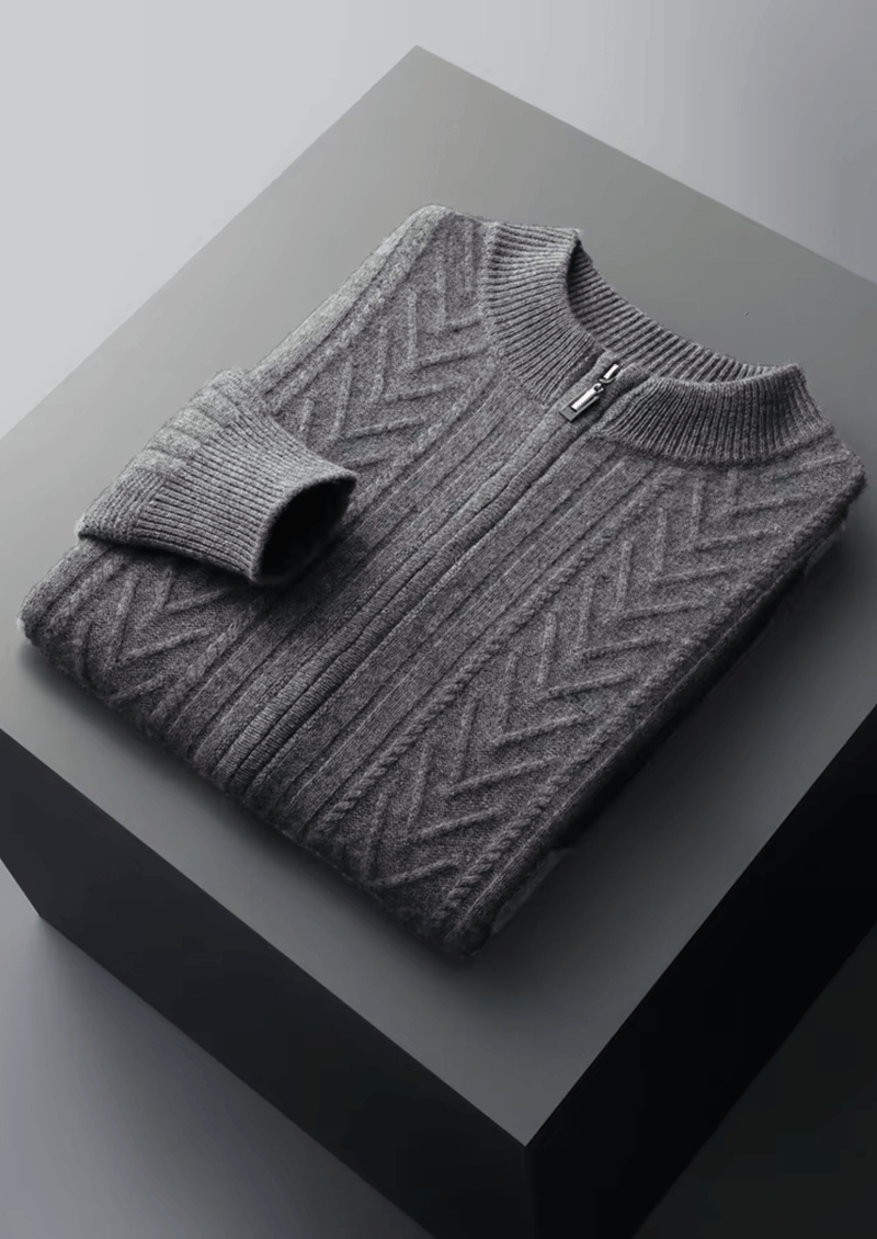 Reine Extrafeine Merinowolle Gemusterter Zip-Cardigan