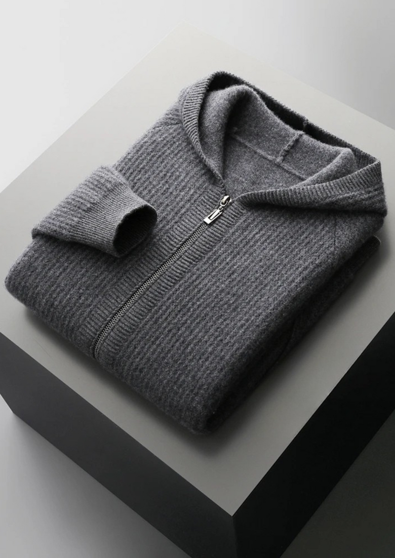 PURE EXTRA-FINE MERINO WOOL RIBBED ZIPPER HOODIE