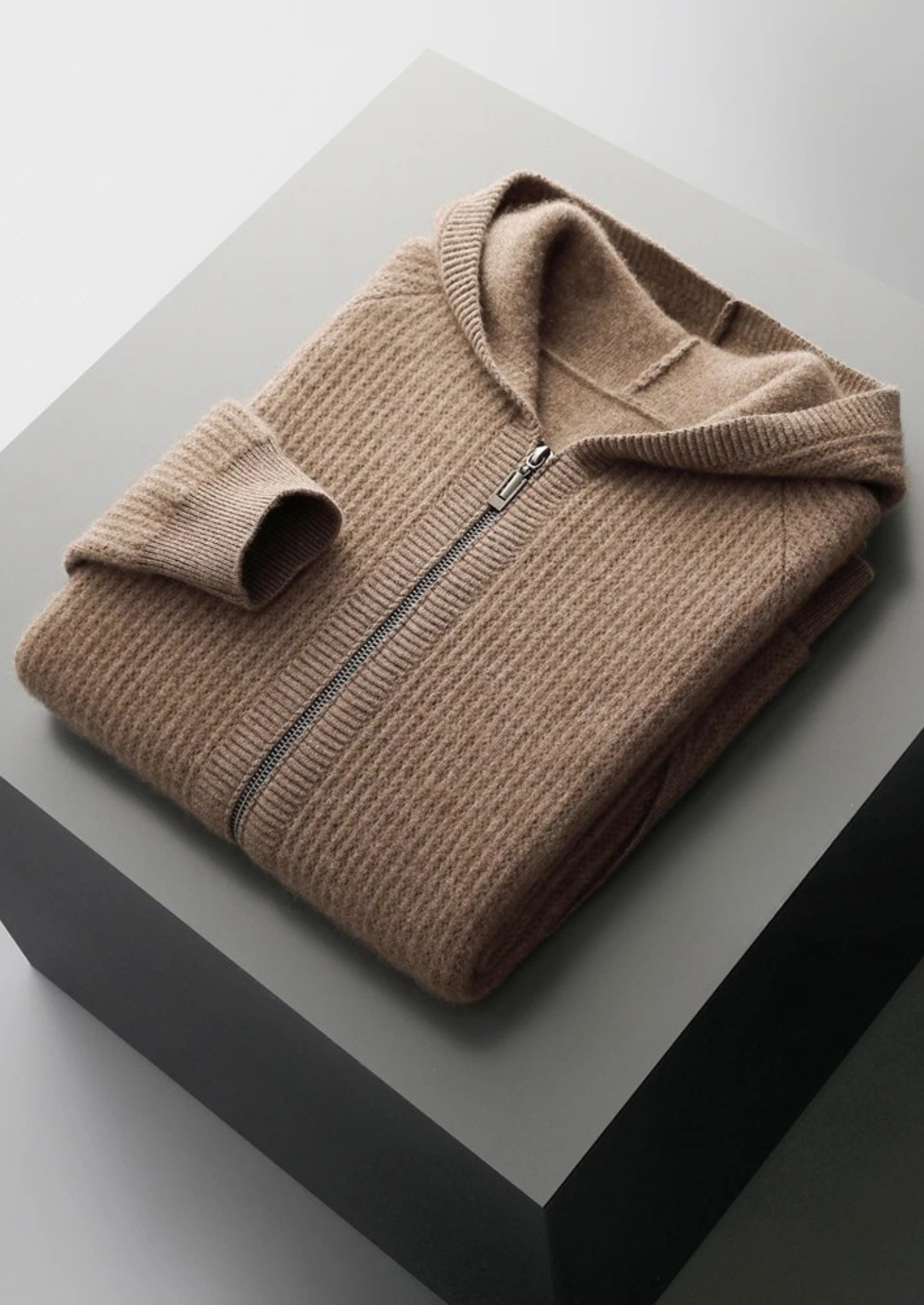 PURE EXTRA-FINE MERINO WOOL RIBBED ZIPPER HOODIE