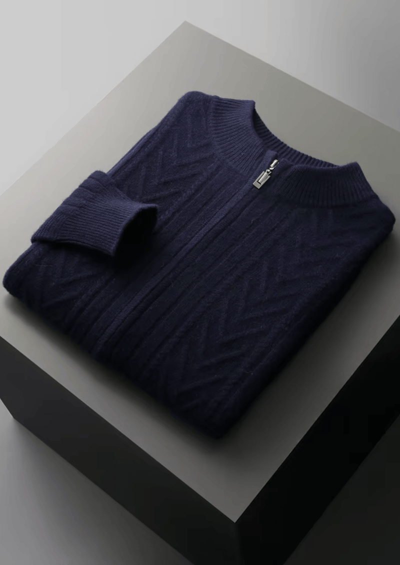 Reine Extrafeine Merinowolle Gemusterter Zip-Cardigan