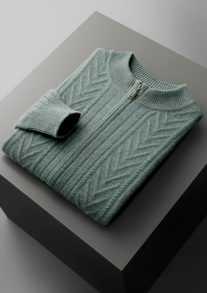 Reine Extrafeine Merinowolle Gemusterter Zip-Cardigan