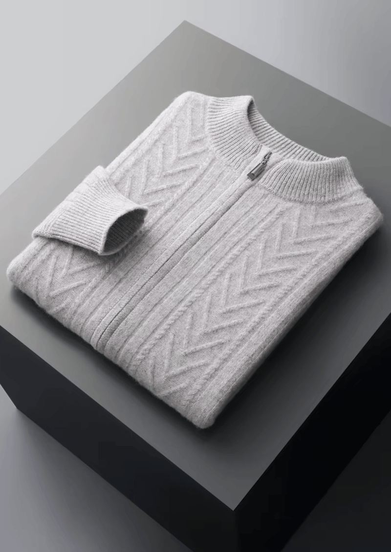 Reine Extrafeine Merinowolle Gemusterter Zip-Cardigan