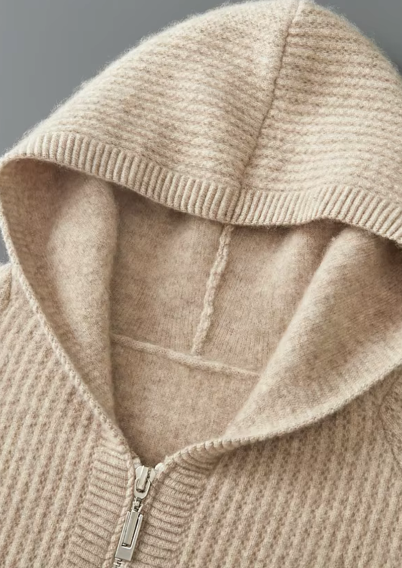 PURE EXTRA-FINE MERINO WOOL RIBBED ZIPPER HOODIE